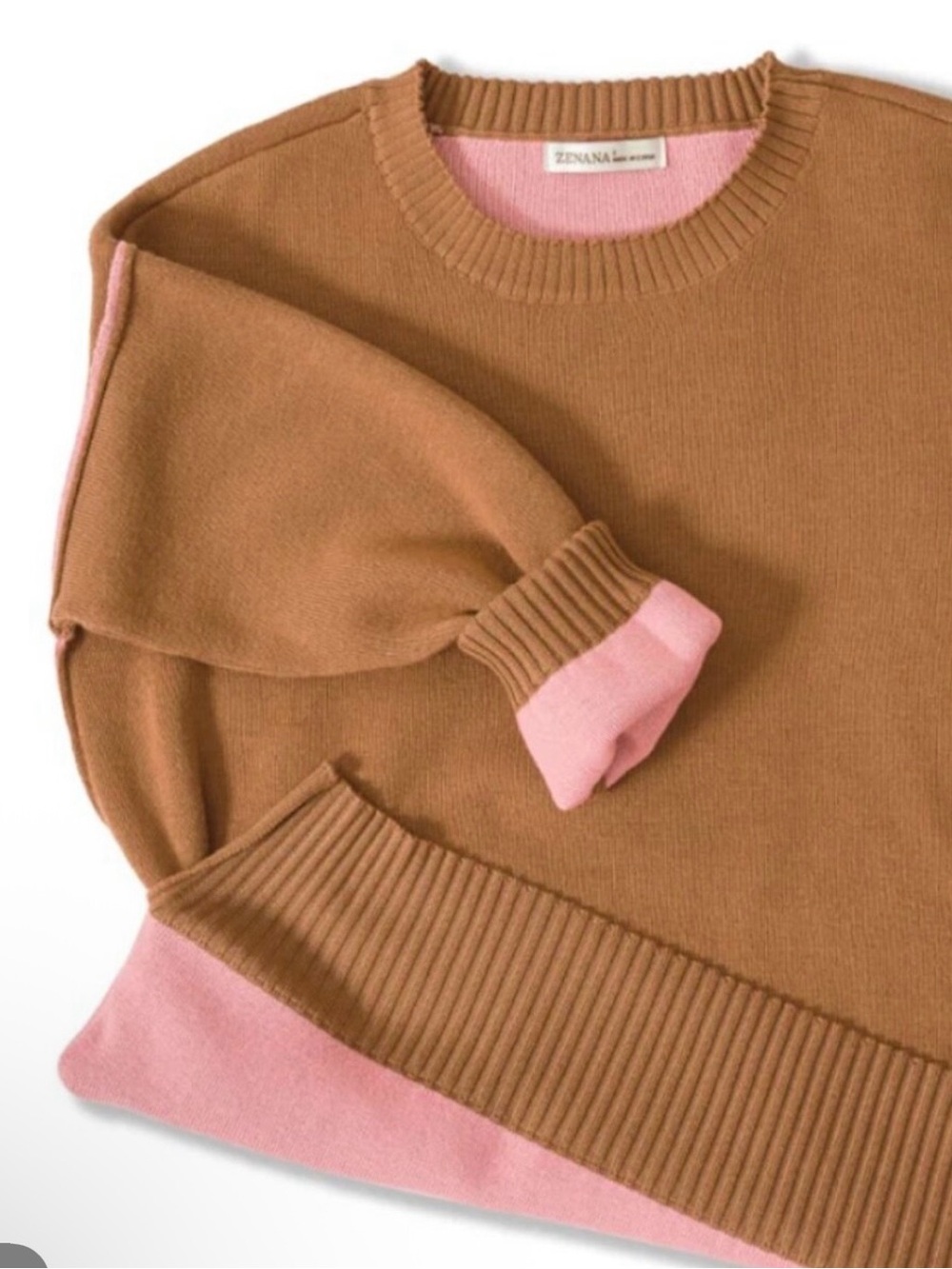 Zenana Outfitters Camel and Pink Crewneck Sweater